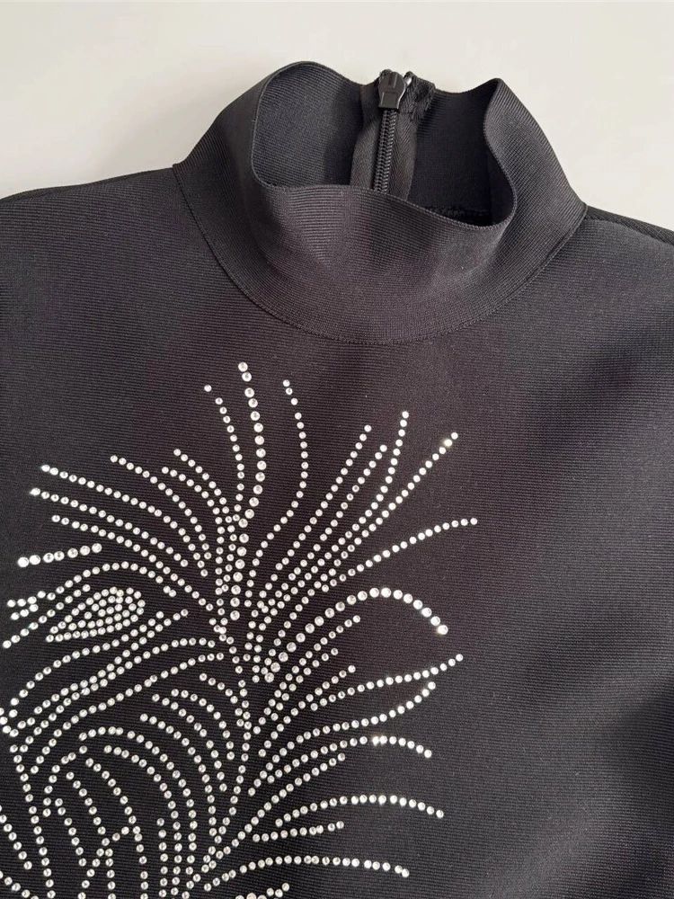 Sexy manga longa diamantes frisado bandage vestido feminino preto o pescoço strass bodycon vestidos de festa à noite vestidos de cocktail