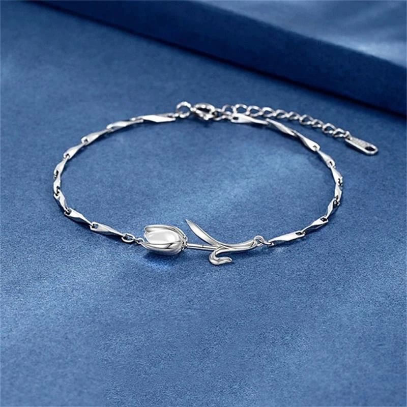 NEW European S925 Sterling silver Fulip Flower Bracelet Chain For Women Birthday Party Gift Jewelry