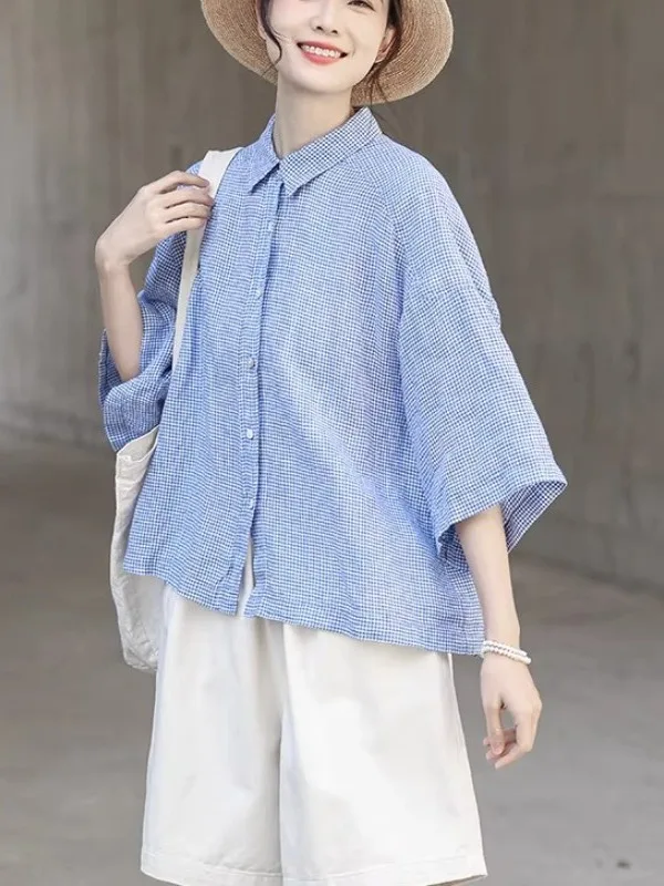 

Женская рубашка синего цвета с сетчатым узором, с рукавом до локтя, повседневный стиль, из хлопка и льна, летняя, легкая