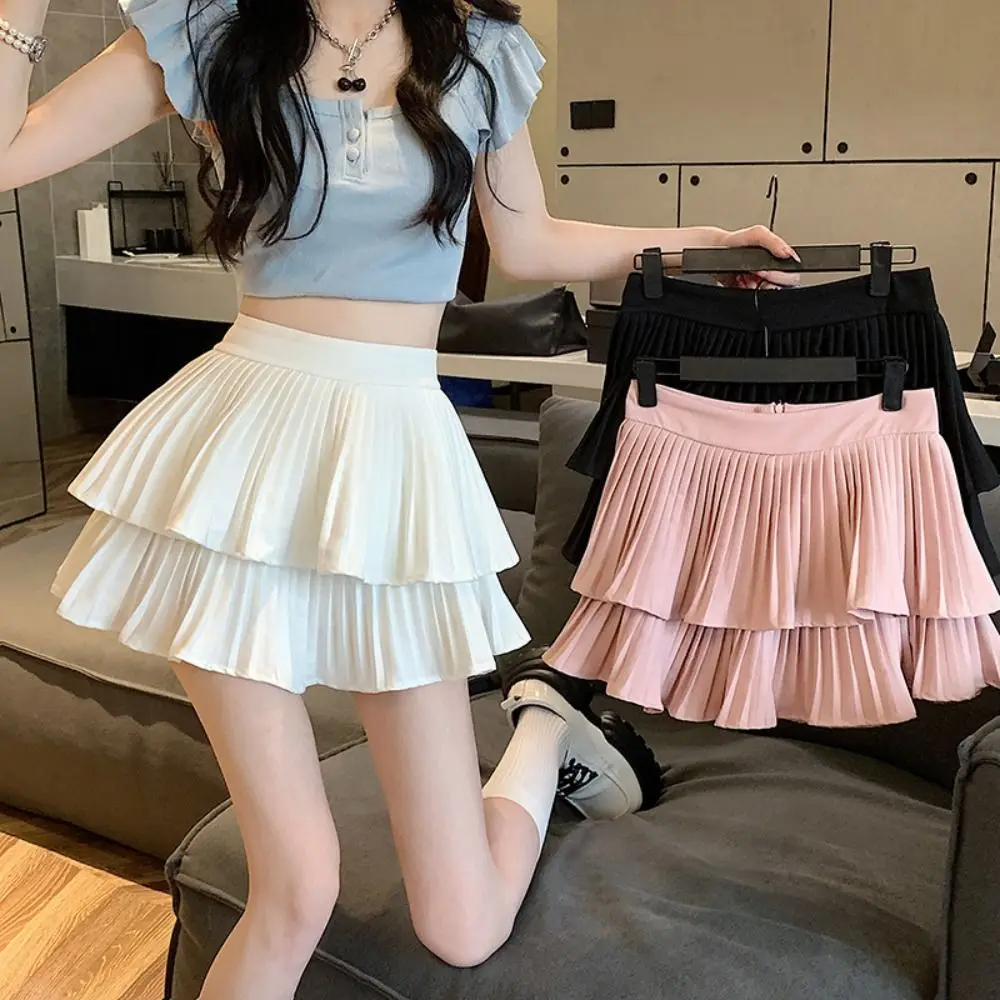 

Fashion High Waist Cake Skirt Double Layer Black Short Skirt Summer Built in Shorts Tennis Skirt