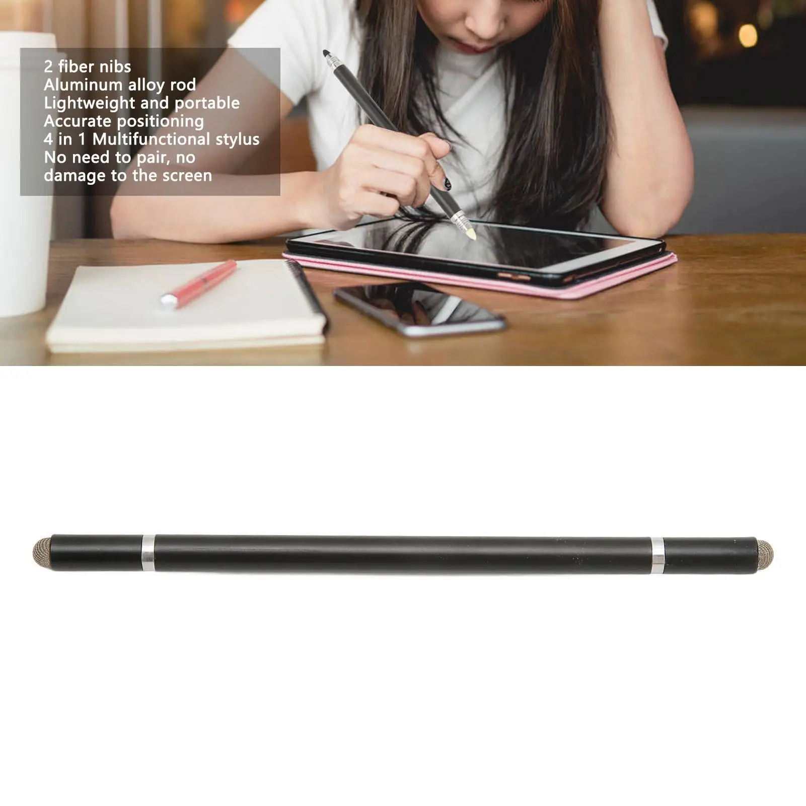 4-in-1 Black Stylus Pen - Multifunctional Capacitive Stylus with 2  Nibs for Accurate Use on Phones & Tablets