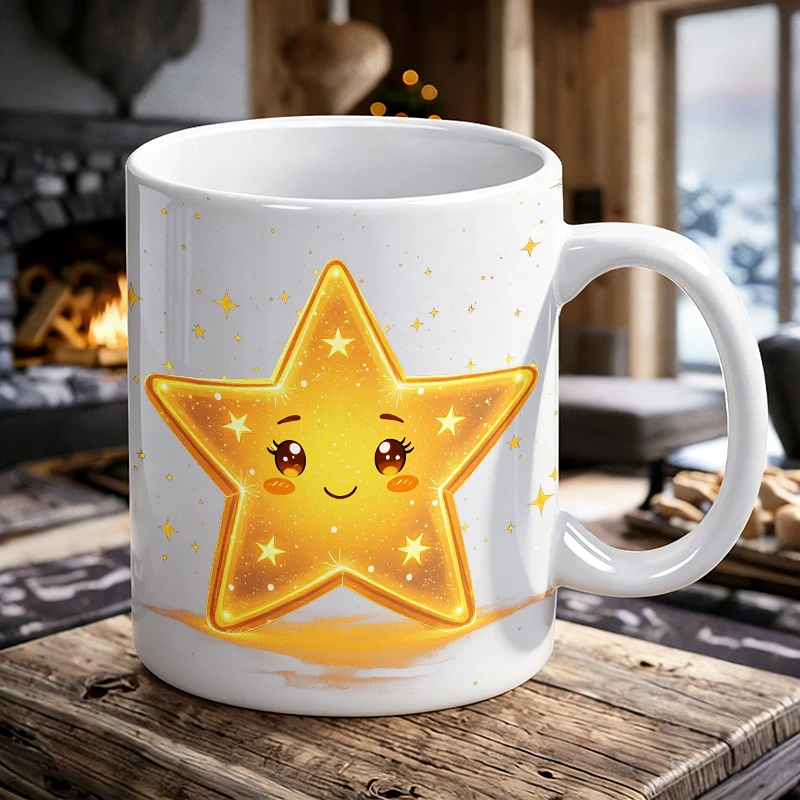

11oz Kawaii Glowing Star Print Ceramic Mug Cute Smiling Star Coffee Cup, Milk Cup, Office Tea Cup, Gift for Friends
