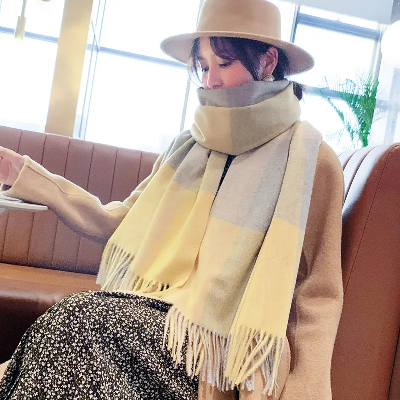 

Женский кашемировый шарф в корейском стиле, красочная большая клетка, большая шаль с кисточками, новый утолщенный теплый шерстяной шарф, осень и