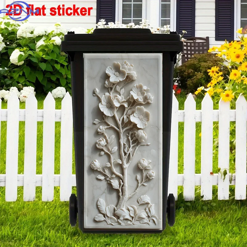 Chinese Garden Trash Can Stickers Art, White Blossom Peel and Stick Stickers, Carved Decor Self-Adhesive Removable Trash Can S