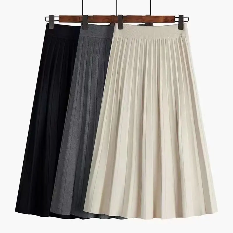 Women Knitted Midi Skirt Elegant A-Line High Waist Pleated Long  Korean 2024 Autumn Winter Warm Falasha Femme Jupes R304