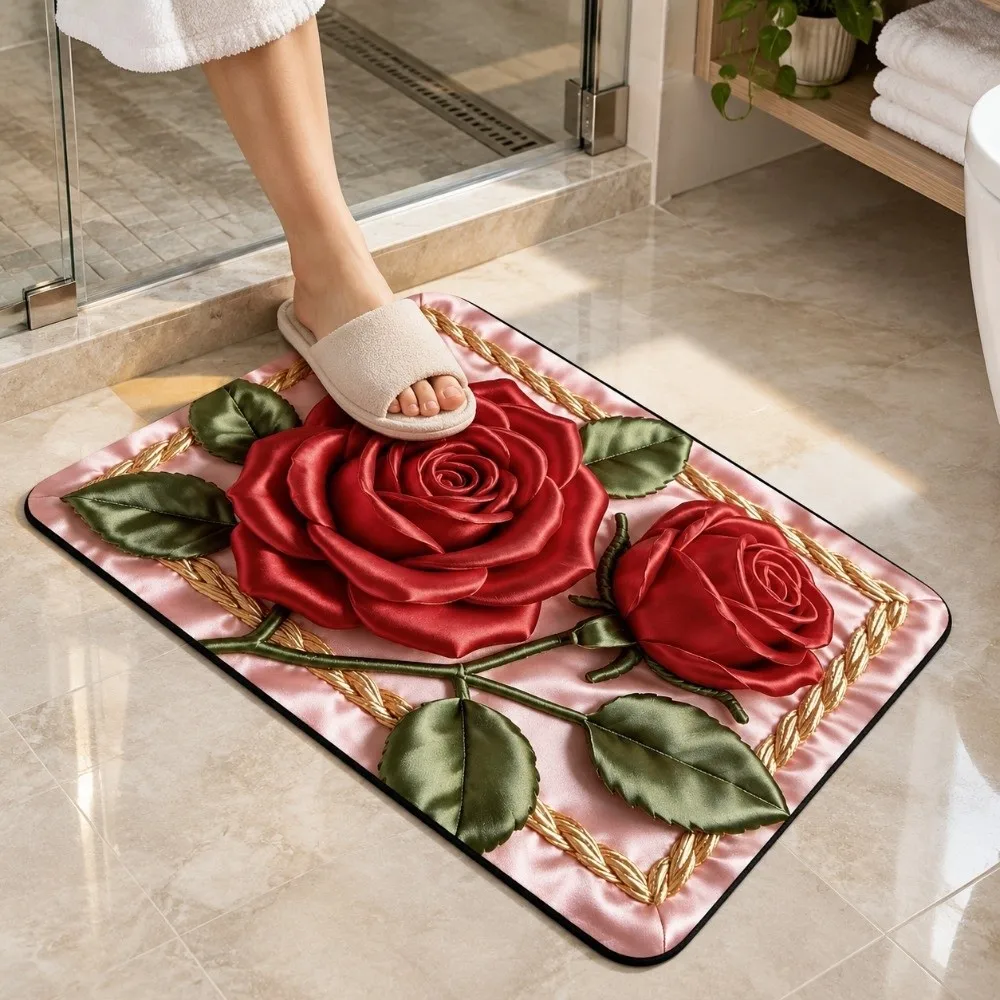 Vintage Quick Dry Floral Pattern Rug Lifelike Visuals Non Slip Bath DoorMat 40×60CM Diatom Mud Bedroom Floor Mat Entryway Decor