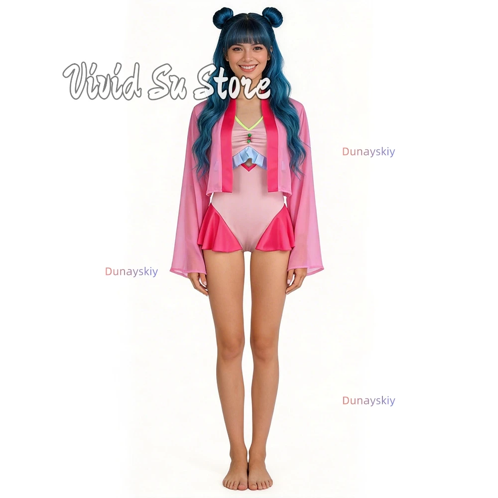 

Mao-mao Cat Swimsuit Cosplay 코스프레 Pink Chiffon Kimono Swimsuit Cover Up Halloween Anime Outfit For Women