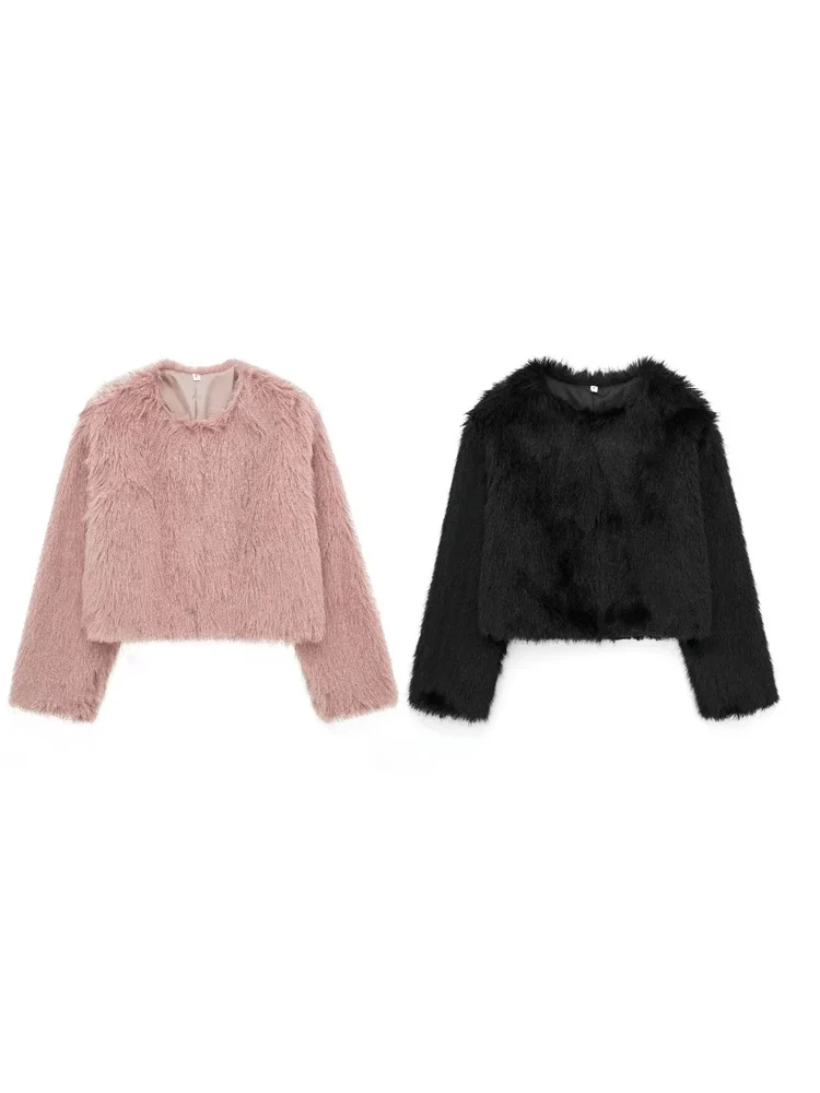 

KAOPU ZA Women cropped faux fur jacket vintage round neck long sleeves female outerwear chic top