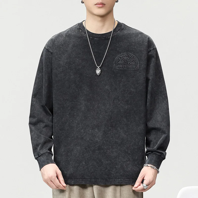 

Autumn and winter tide brand heavy wash long sleeve hoodie men loose large size round neck black all match tide