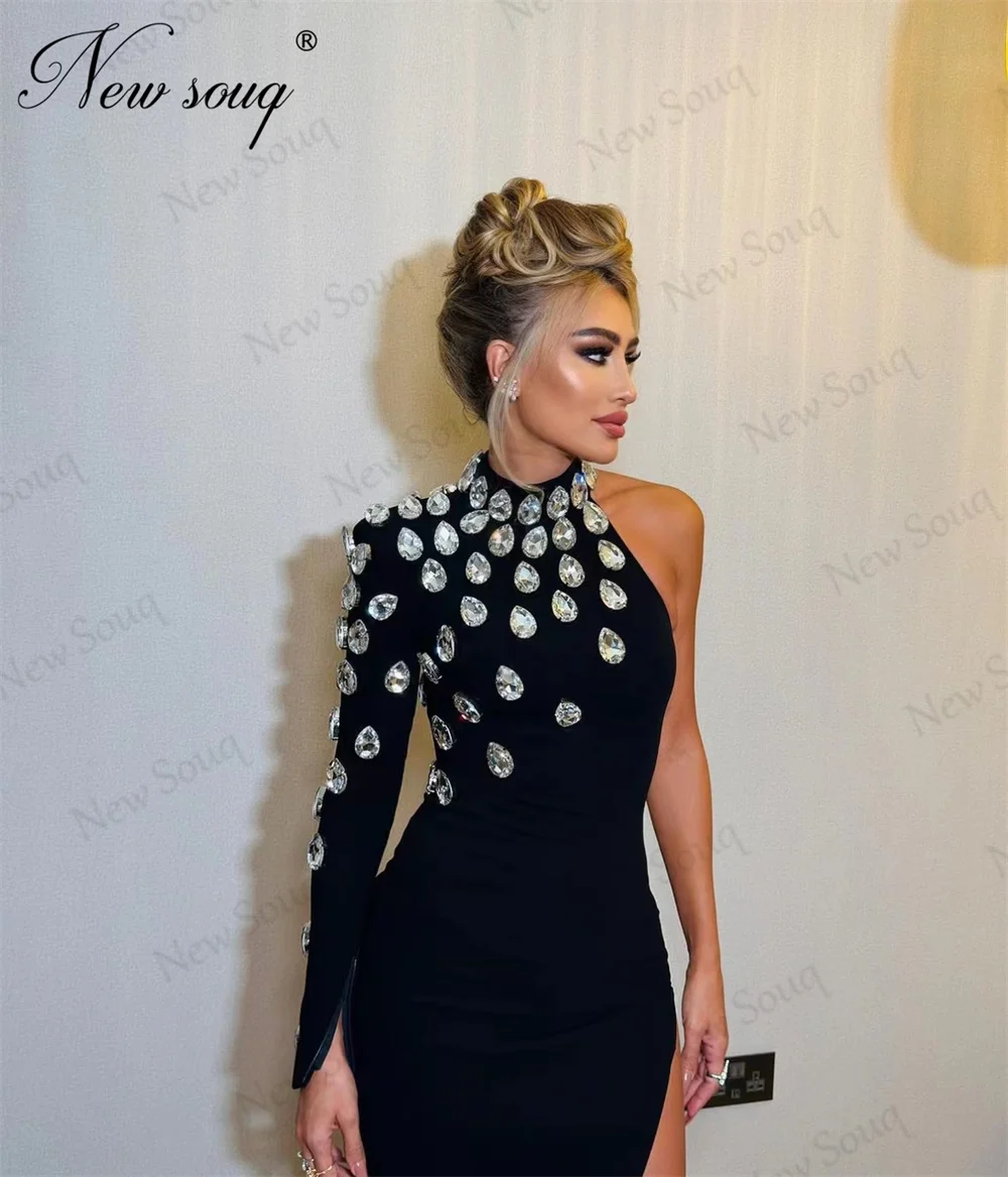 Black One Shoulder Evening Dresses Customized Sliver Beaded Wedding Party Dress Robes De Soiree Elegant Cocktail Gowns For Women