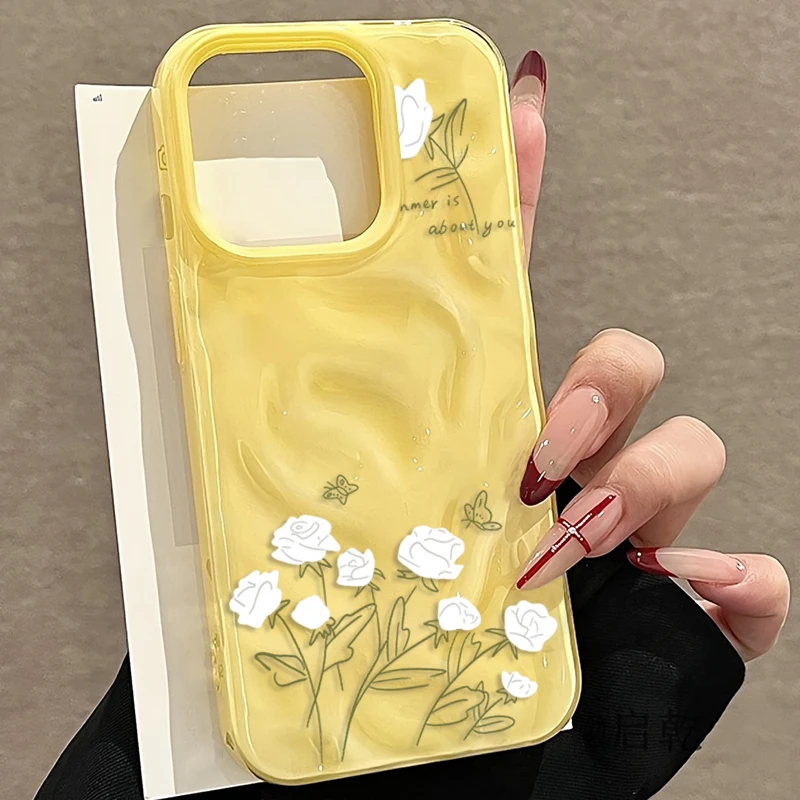 White Floral Print Yellow Phone Case for IPhone 17 Pro 16 15 14 13 12 11 Pro Max Plus 17Air 16E Wrinkled Texture Soft TPU Cover