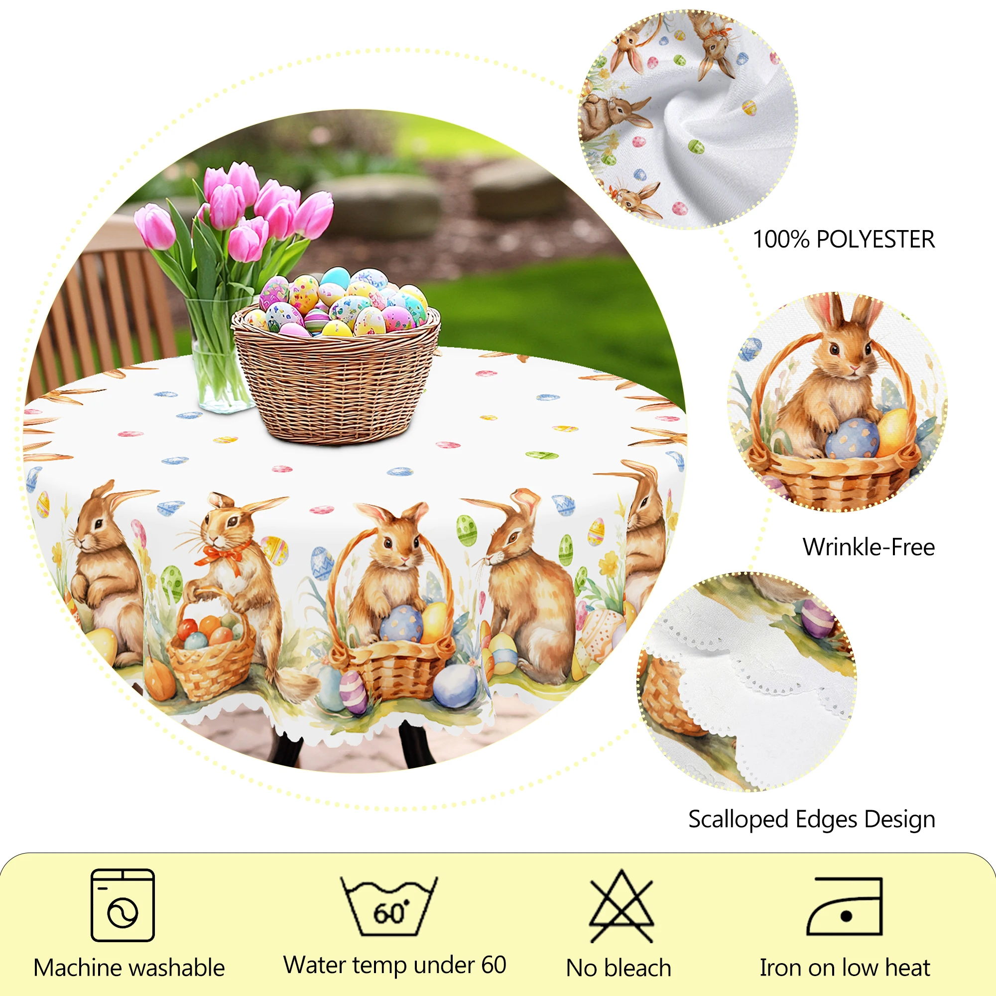 1 Easter Round Tablecloth, 5 Sizes Available, Easter Tulip Egg Rabbit Printed Square Tablecloth, Edge Embossing Process, Spring Garden Tablecloth