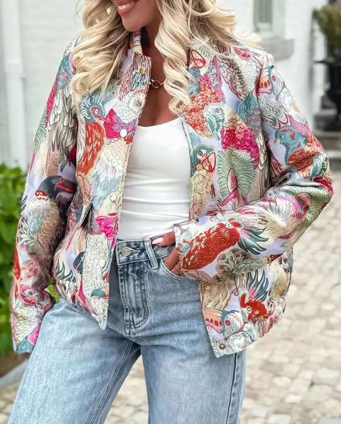 

Jacquard Embroidery Long Sleeve Baseball Jacket Casual Loose Fit Cropped Coat