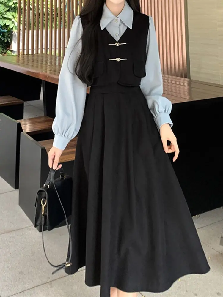 Advanced Atmosphere Temperament Age Reduction Gentle Dressing Retro Patchwork Mid Length Fake Two-piece Long Sleeved Slimming