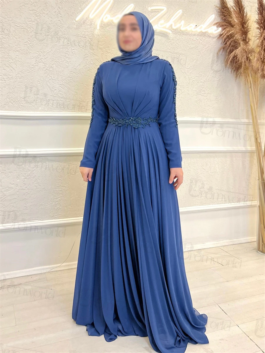 Elegant A-Line Muslim Evening Gowns Chiffon Beaded Long Sleeves Formal Dress 2024 Arabic Dubai Wedding Guest Dresses for Women