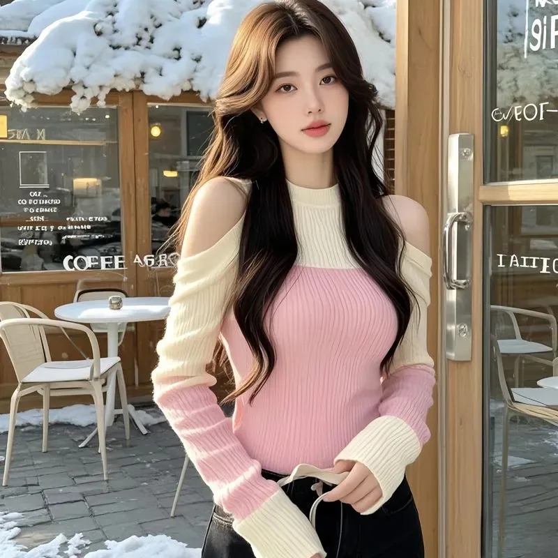 

Women Clothes Autumn Winter Fashion Simplicity Trend Color Blocking O-neck Knitting Female Fashionable Appear Thin Pullovers Top