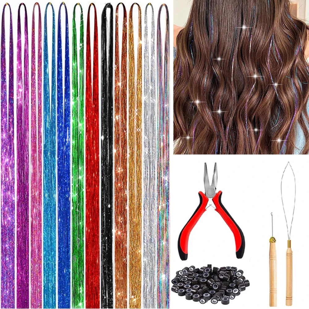 

Hair Extension 35 Inches Hair Tinsel Kit With Tools Heat Resistant Multi-Color Fairy Hair Tinsel Kit For Women Hair Accessories