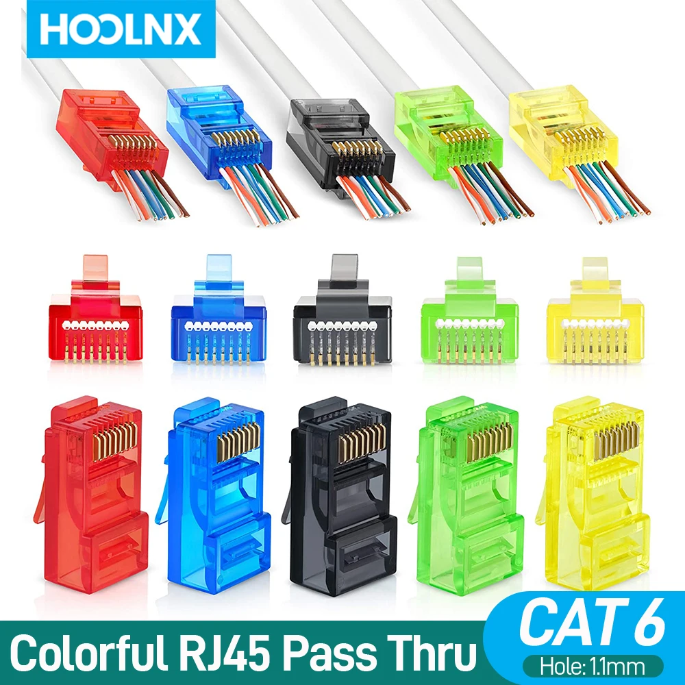 Hoolnx CAT6 Pass Through Connector RJ45 Modular Plugs Colorful Ethernet Ends Network Connectors UTP 15μ Gold-Plated 50 pack