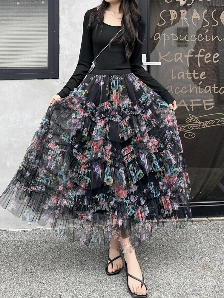 

French retro irregular lace mesh cake skirt, new A-line loose lace floral fluffy half skirt for women, medium to long style