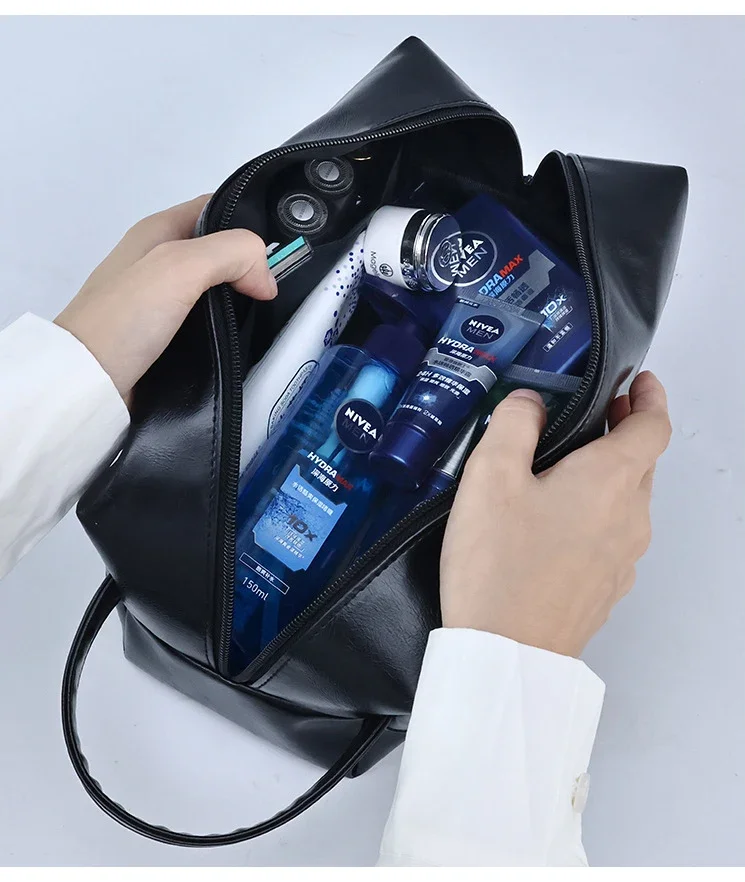 Zipper PU Leder Männer Business Tragbare Lagerung Tasche Toilettenartikel Organizer Frauen Reise Kosmetik Tasche Hängen Wasserdichte Waschen Beutel – Detail 4