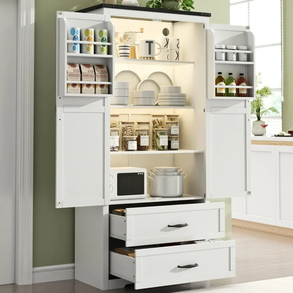 

71 Tall Farmhouse Kitchen Pantry with Sensor Light & Adjustable Shelves, Large Storage Cabinet with 2 Drawers & Adjustabl