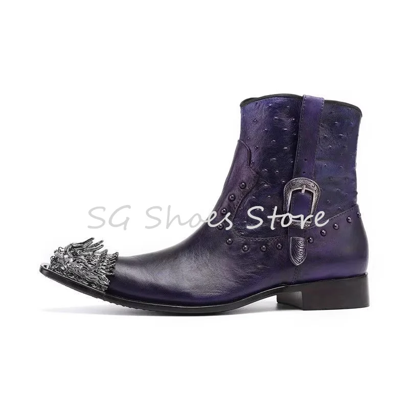 Punk Rivet Belt Buckle Ankle Short Boots Male Party Dress Leather Shoes Fashion Design Metal Lion Head Men's Chelsea Boots view 5