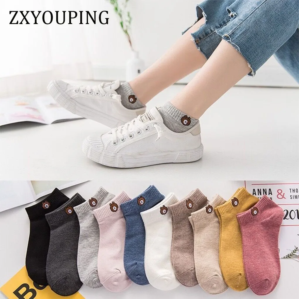 1 pair of Japanese style short socks brown bear socks bear pattern socks fashionable, cute sweet bear socks ladies breathable co