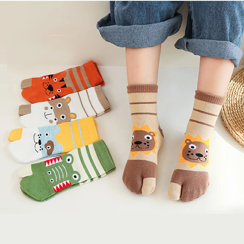 3-12T Cute Boys Girls Two Toed Tabi Socks Kids Cartoon Animals Printed Pure Cotton Short Socks Split Thumb Toe Socks