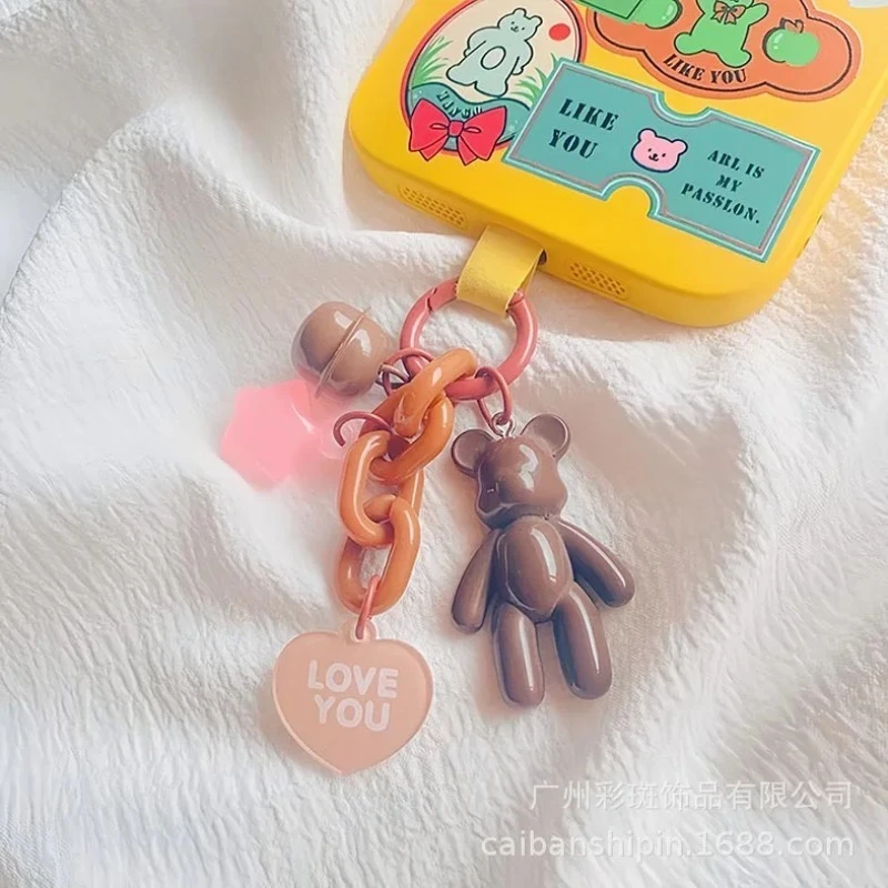 Cute Bear DIY Keychain Bags Earphone Cases Pendant Miniatures Home Desk Decorations Crafts with Hearts Flower Decoration Fashion