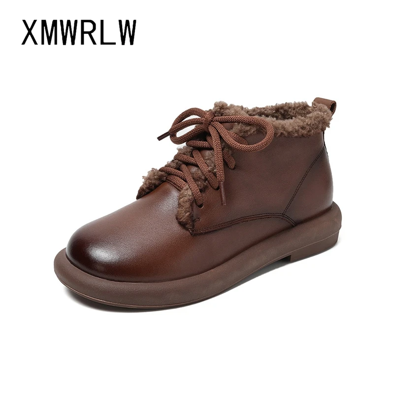 XMWRLW-zapatos planos de lana para mujer, botas de nieve cálidas de cuero genuino, botines de invierno