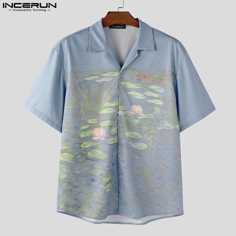 

INCERUN Men Shirt Printing Patchwork Lapel Short Sleeve Summer Men Clothing Streetwear 2025 Loose Fashion Casual Tops S-5XL