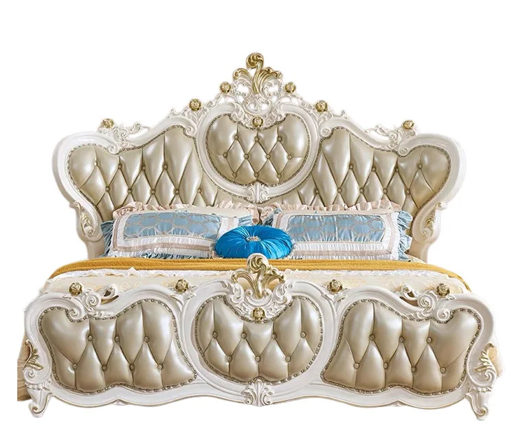Luxury Traditional King Size Bed Gold Leaf Carving Synthetic Leather Upholstery Modular Design For Bedroom Furniture