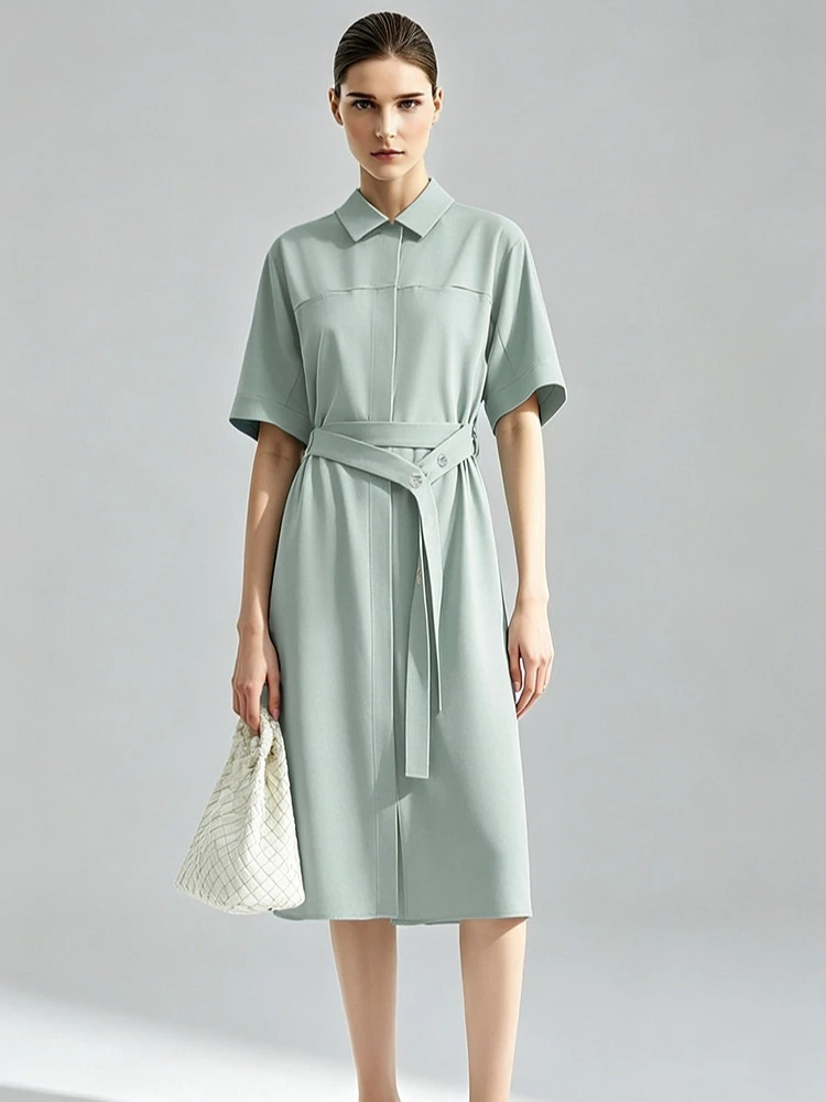 

Amii Women's Casual Dresses 2026 Summer New Lapel Collar Dolman Sleeve With Belted Loose Office Shift Dress For Women 12642200