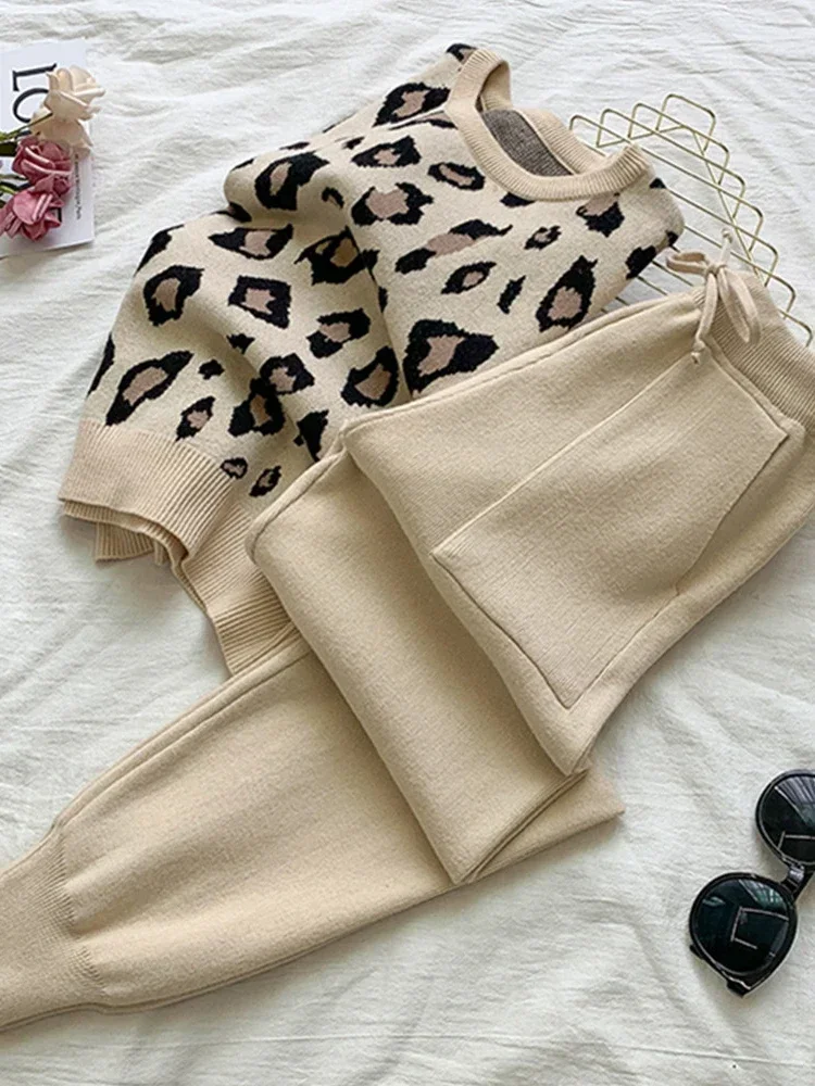 Women\'s Long Sleeve Knit Leopard Pullover Sweaters+Elastic Waist Pants Sets Fashion Trousers Two Pieces Costumes Outfit N423