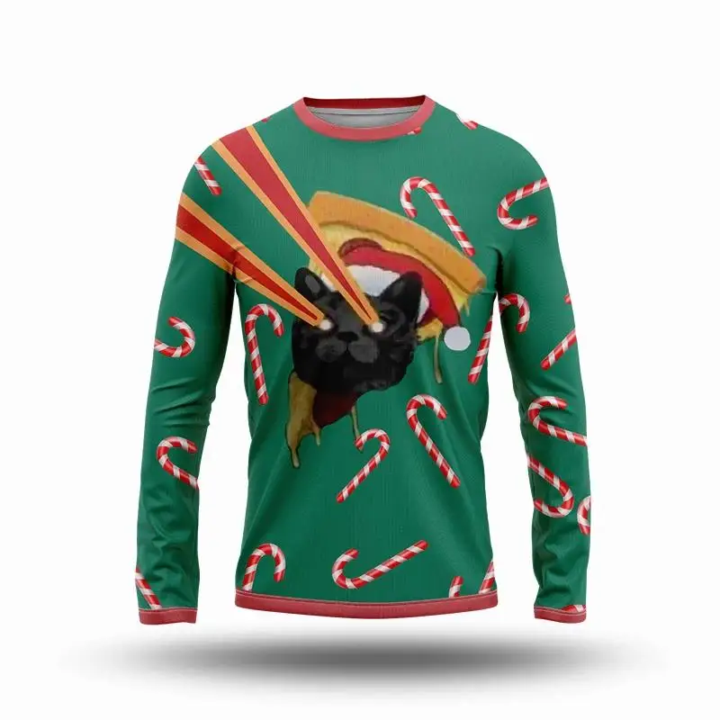 Christmas Costumes Pizza Cat Print Summer Men Women O-Neck T-shirt Casual Long Sleeve Oversized Pullover Trend Tops Men Clothing