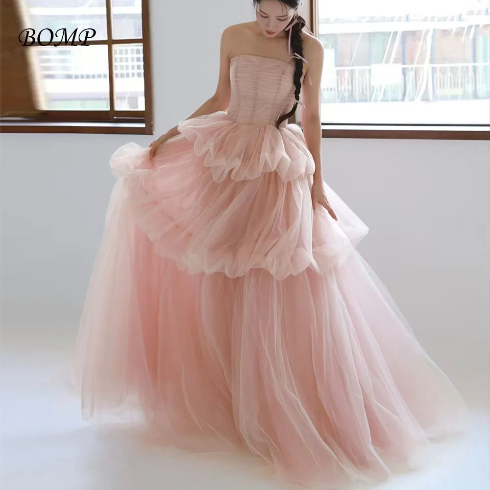 

BOMP Fairy Blush Wedding Dress Strapless Tiered A-Line Tulle Birthday Dresses Korea Photo Shoot Bridal Gown Custom 웨딩드레스