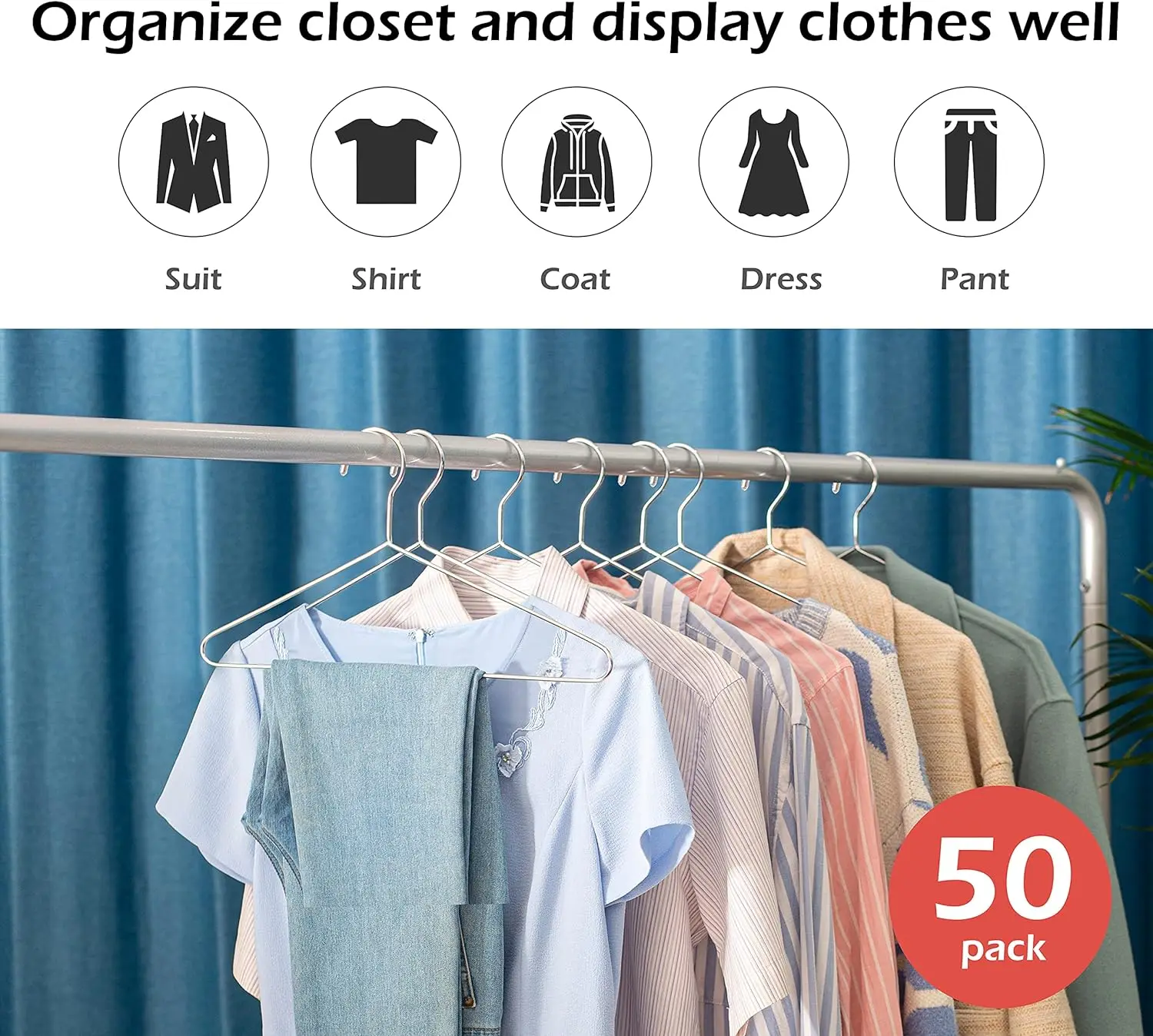 Stainless Steel Heavy Duty Clothes Hangers - 50 Pack 16.4 Inch Coat Hangers for Closet Clothing Suit Shirt Pants