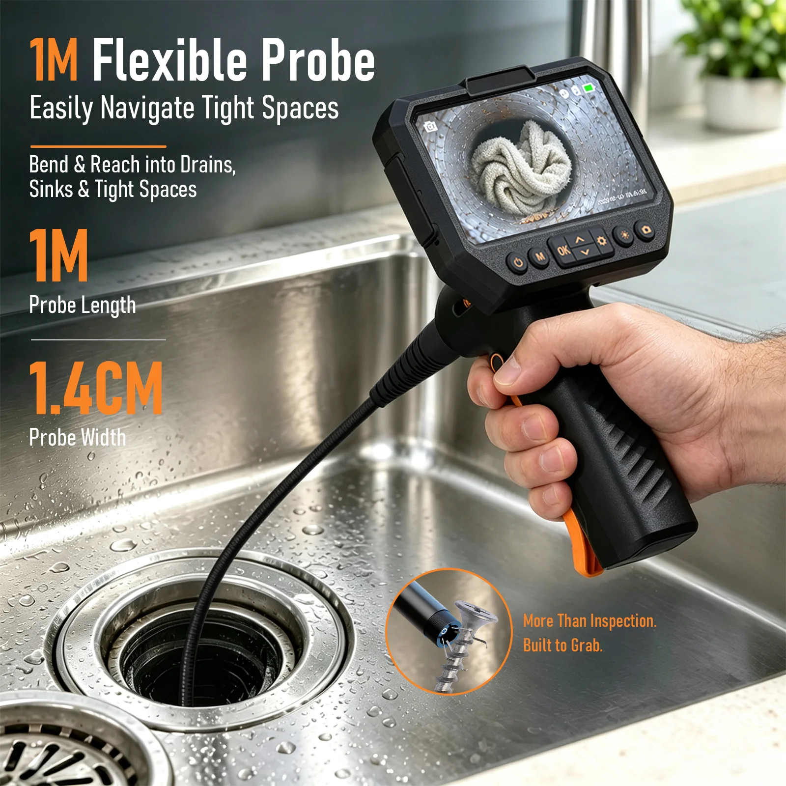 4.3" IPS Endoscope Camera 1080P HD Pipe Inspection Camera with 6 LED Lights 1M Flexible Probe 4-Claw Gripper Magnetic Pickup IP6