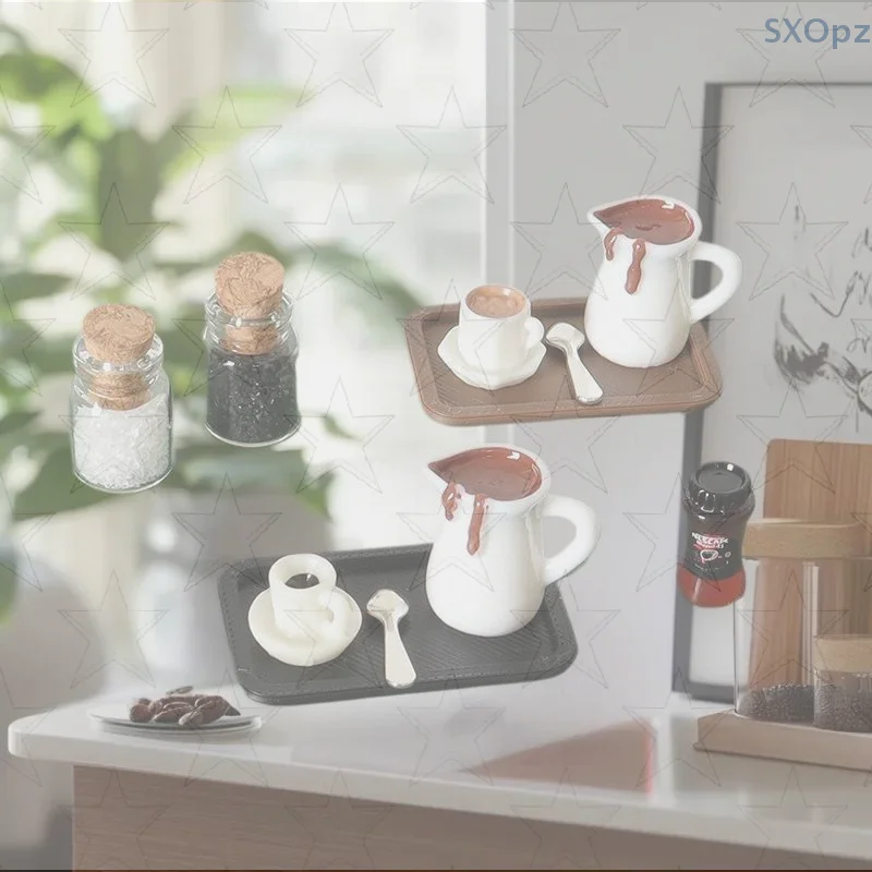 

Miniature Hand Made 7Pcs Dollhouse Coffee Cup Model with Decorative Tray Plate Accessories for Desktop Scene Simulation