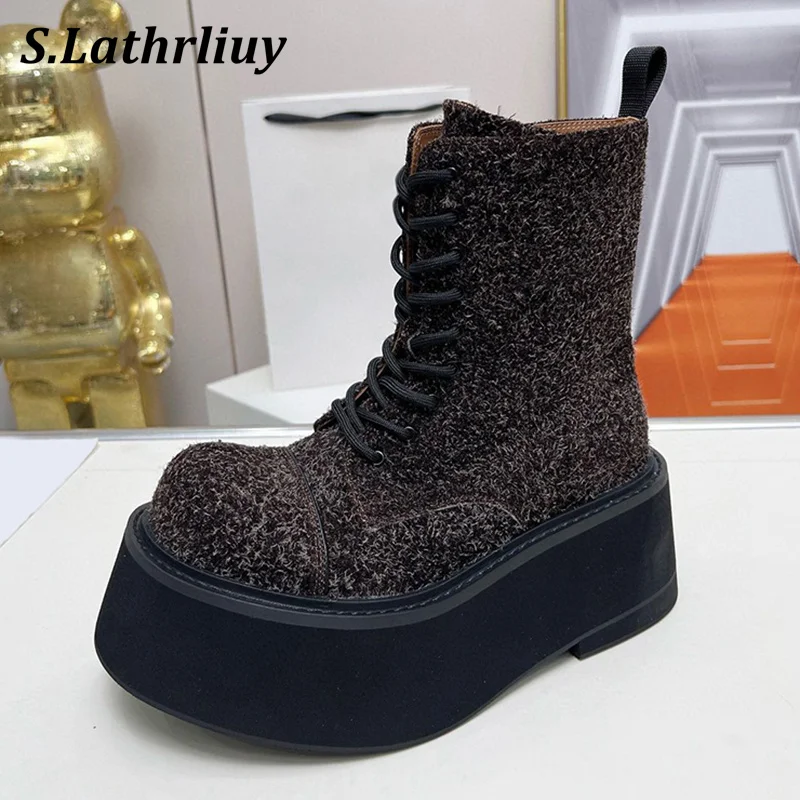 

Autumn Winter Fashion Platform Riding Boots Women's Round Toe Flat Thick Bottom Ankle Botas Genuine Leather Lace Up Short Boots