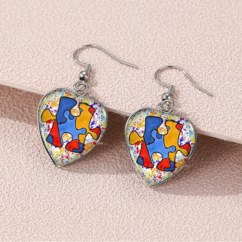 2024 New Autism Awareness Dangle Earring Heart Shaped Earrings Handmade Glass Dome Jewelry