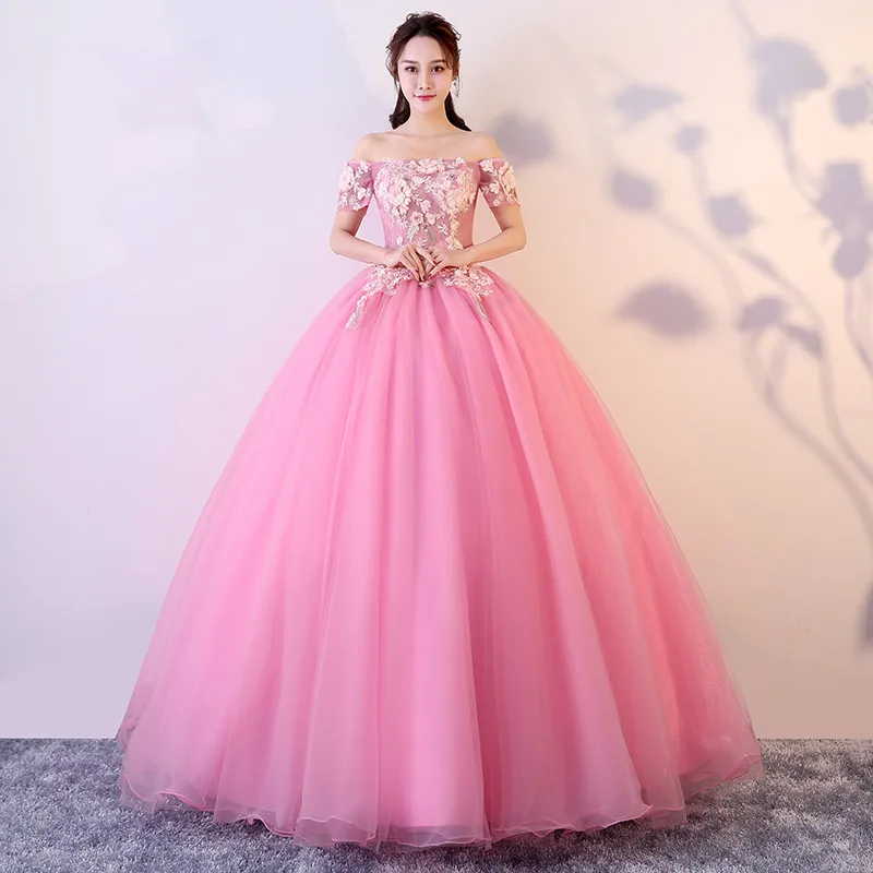 Y & m noviasアップリケロングquinceaneraのドレス夜会服レース刺繍オフショルダーパーティーウエディングドレス甘い花柄vestidos