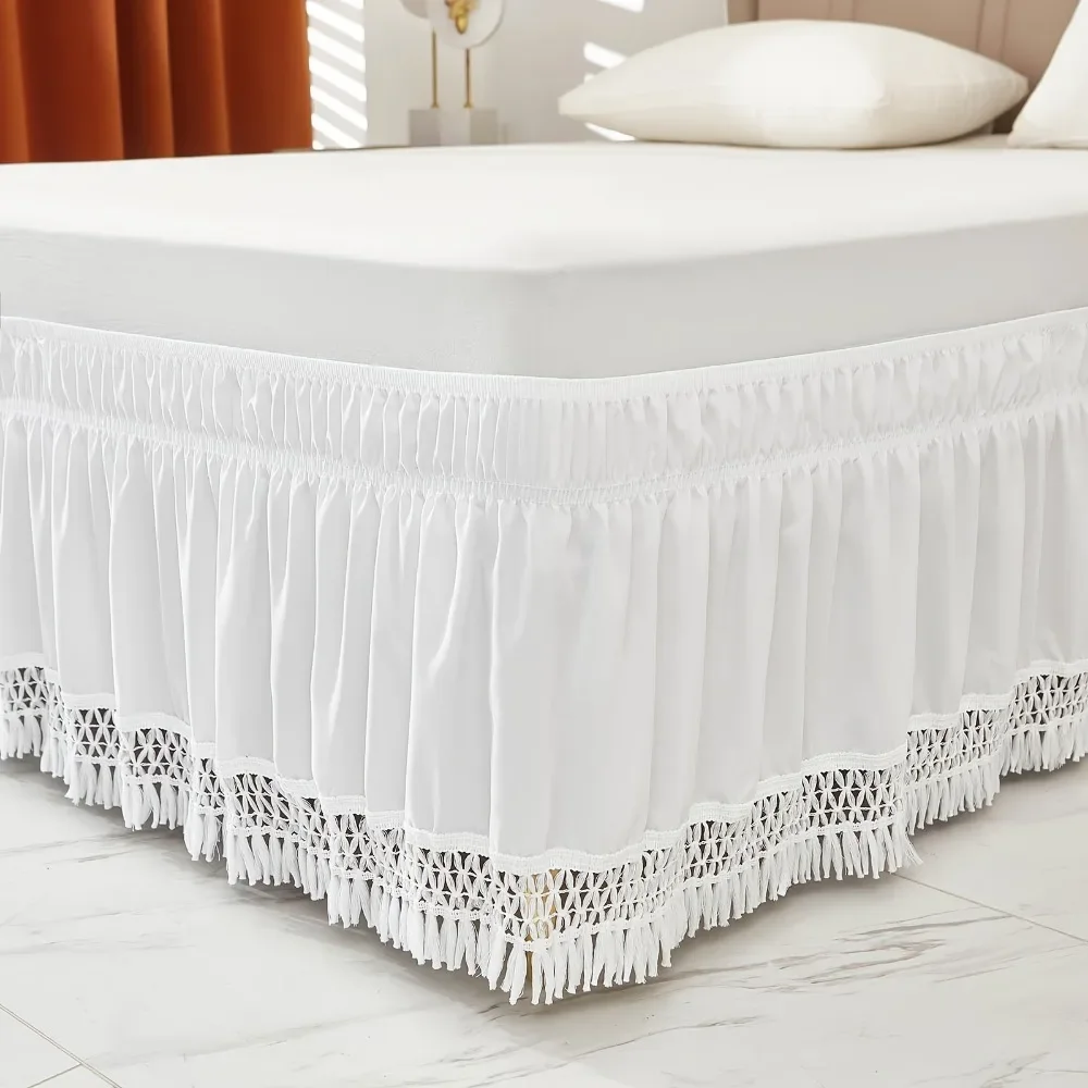 Gonna da letto con nappe elastiche 1PC gonna da letto morbida e confortevole avvolgente resistente allo sbiadimento gonne da letto in tinta unita