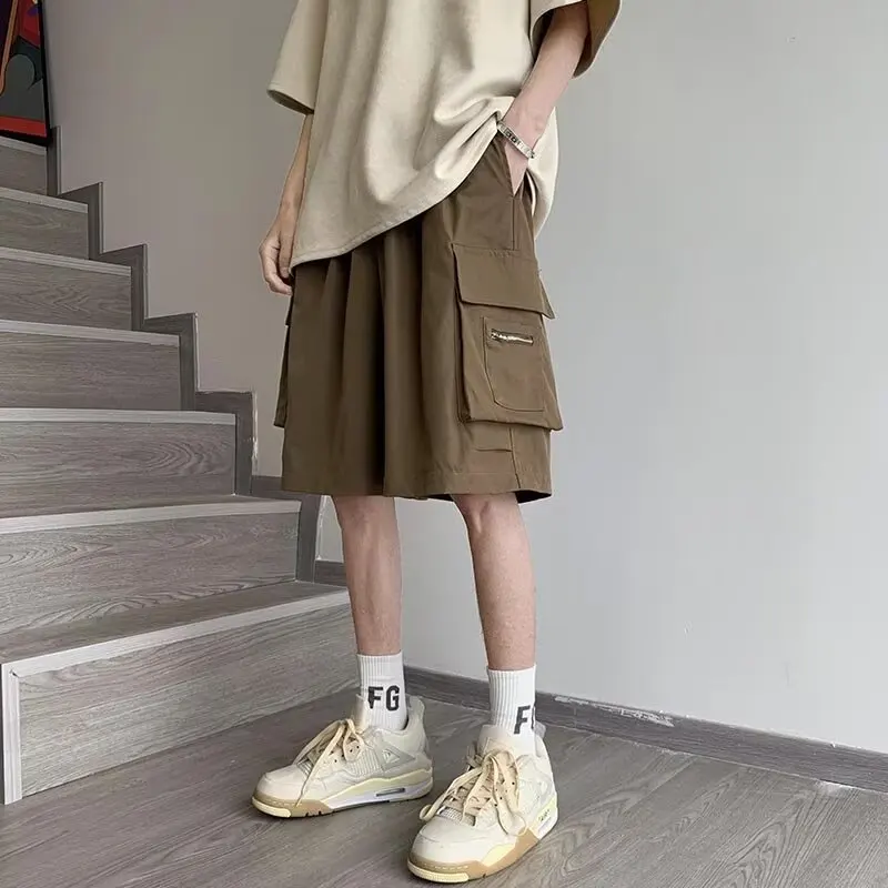 

Men's Utility Cargo Shorts Zipper Khaki Summer Casual Retro American Japanese Style Mid-Length Versatile Daily Wear Fashion