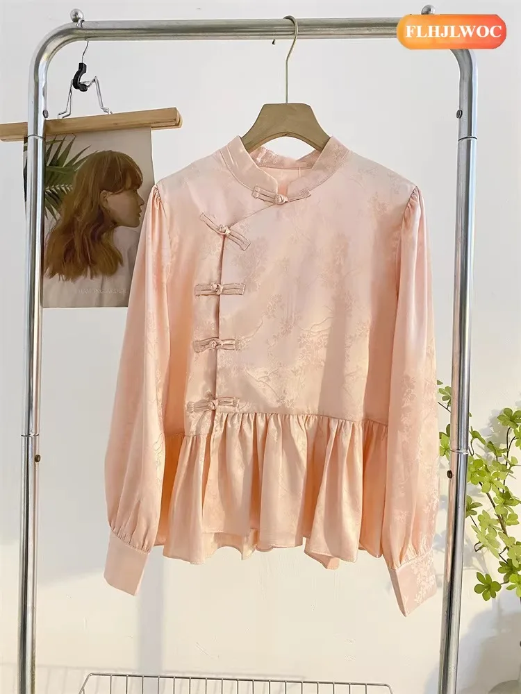 Rosa gola topos estilo chinês chi-pao blusas mulher nova 2026 primavera festa de casamento retro vintage barriga peplum camisas brancas