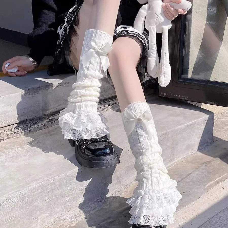 Womens Leg Warmers Ankle Winter Warm Stretch Knitted Slouch Thermal Thick Wool Cuffs Boot Sock Female Gaiter Lolita Y2k Bow Knot