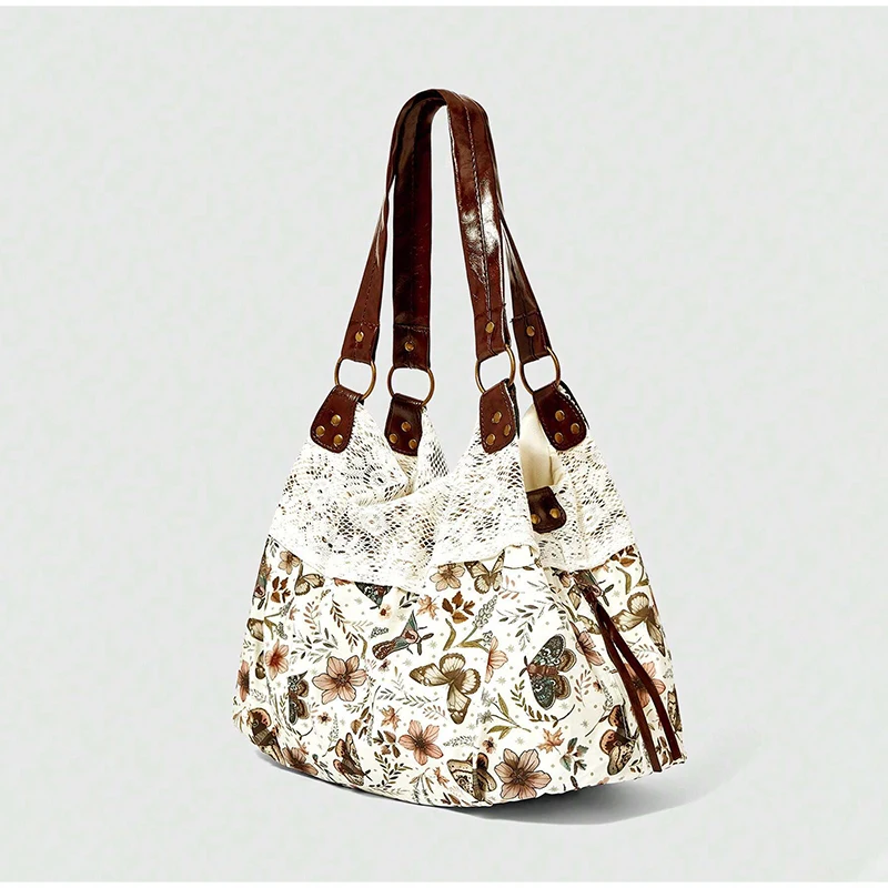 Mori Girl Ditsy-Blumenmuster-Schultertasche mit Spitzenbesatz und Patchwork-Design, Damen-Handtasche im Colorblock-Stil, leichte Vintage-Bohemian-Chic-Tasche – Detail 3
