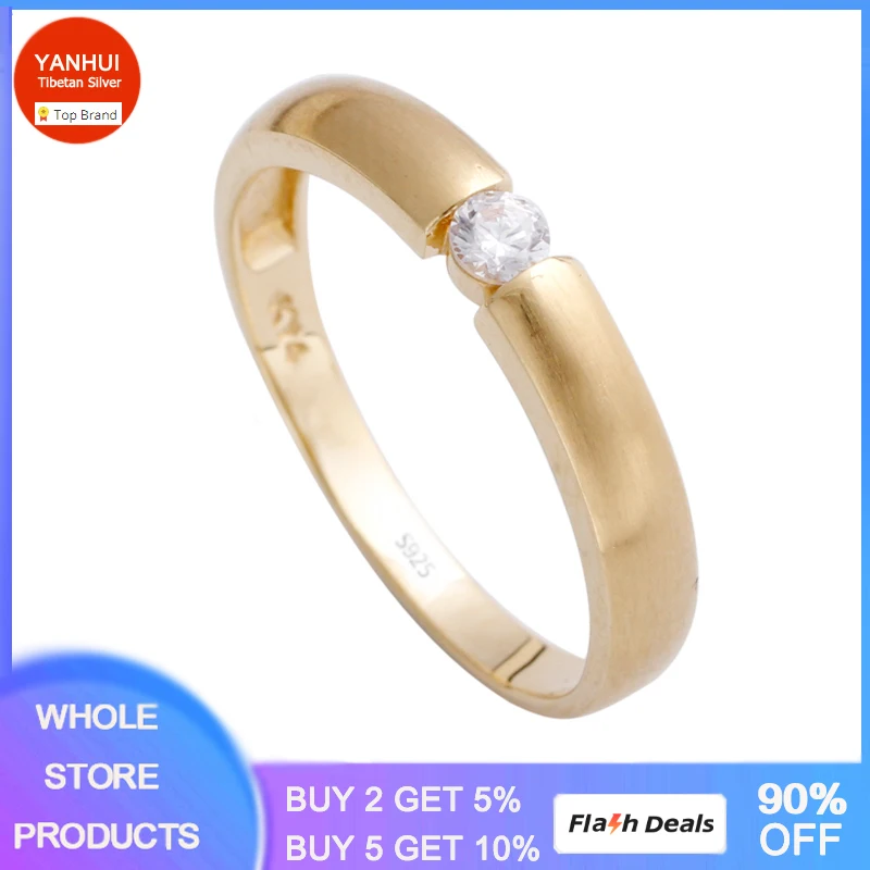 Anillo de plata tibetana para hombre y mujer, sortija de compromiso de circonita cúbica de 1Ct, Color dorado, R16