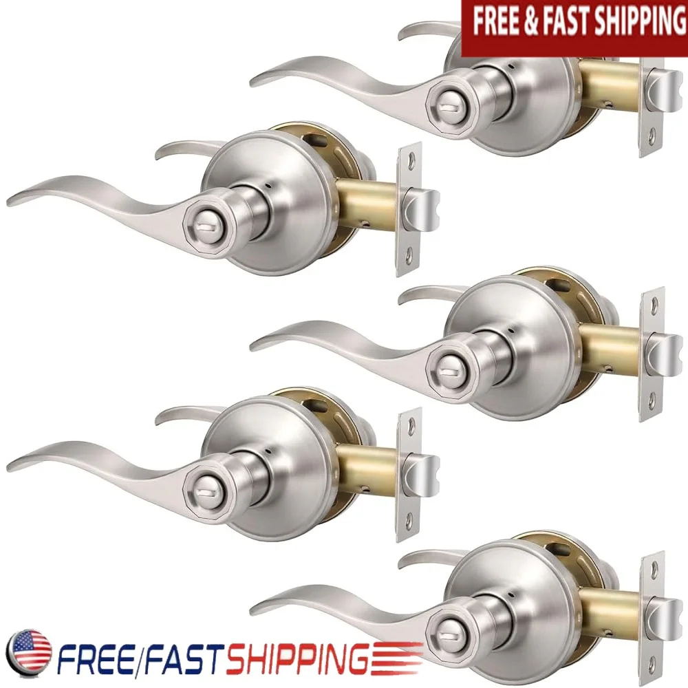 

5 Pack Satin Nickel Door Levers Privacy Interior Handles Keyless Lock Bedroom Bathroom Zinc Alloy Durable Adjustable Easy