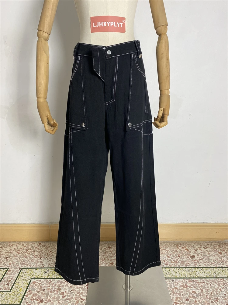 

Женские яркие широкие брюки с украшением в уличном стиле, унисекс, повседневные брюки для девочек, женские черные брюки с высокой талией